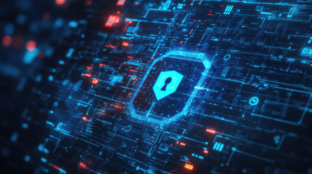 Top view of a cybersecurity alert on a computer screen, with space for copy text.の素材