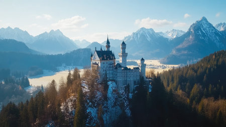 Top view of Neuschwanstein Castle nestled in the Bavarian Alps, with ample copy space.の素材