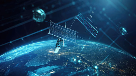 Top view of a global positioning system (GPS) with satellite icons, with room for copy space.の素材
