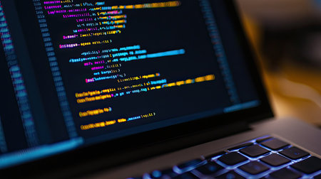Top view of a coding screen with lines of code, with room for copy space.の素材