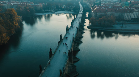 Top view of the Charles Bridge spanning the Vltava River in Prague, Czech Republic, with ample copy space.の素材
