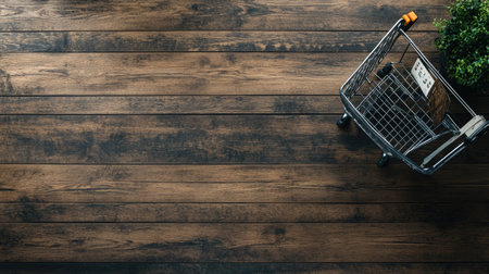 Top view of an e-commerce platform with shopping cart icons, with room for copy space.の素材