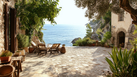 Charming stone beach house in Europe with a tiled copy floor and a patio overlooking the sea.の素材