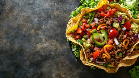 Top view of a crispy taco salad in a tortilla bowl with various toppings, with room for text. --ar 16:9 --v 6.1 Job ID: 16e30800-0093-4425-b682-517aa846926cの素材