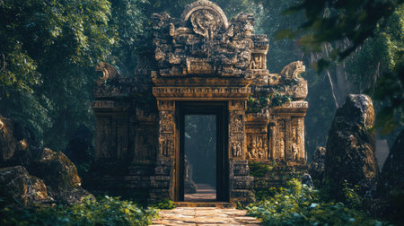 Ancient Southeast Asian temple gate with intricate carvings, surrounded by lush jungleの素材