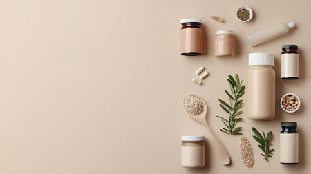 A collection of eco-friendly health products, such as natural supplements and reusable containers, with ample copy space.の素材