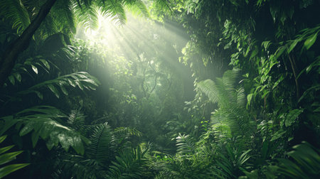 Lush Southeast Asian jungle with dense trees and ferns, mysterious and untouched nature, no peopleの素材