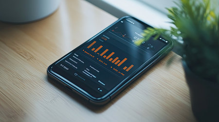Top view of a financial technology app on a smartphone, with room for copy space.の素材