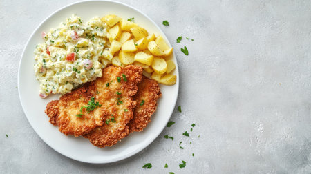 Flat lay of Austrian schnitzel with potato salad on a white plate, with room for copy space.の素材