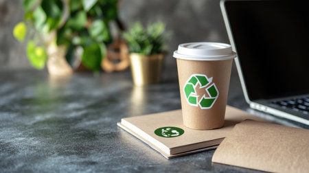 A collection of eco-friendly business items: a laptop with a green energy sticker, reusable cup, and recycled notepad, with space for text.の素材
