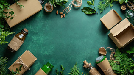 Flat lay of eco-friendly supply chain essentials: recycled boxes, natural products, and green packaging, with space for copy text.の素材