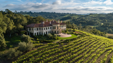 Majestic European mansion with a classic copy floor, nestled among rolling hills and vineyards.の素材
