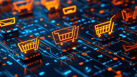 Top view of an e-commerce platform with shopping cart icons, with room for copy space.の素材