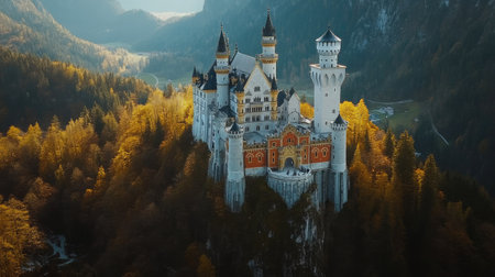 Top view of Neuschwanstein Castle nestled in the Bavarian Alps, with ample copy space.の素材
