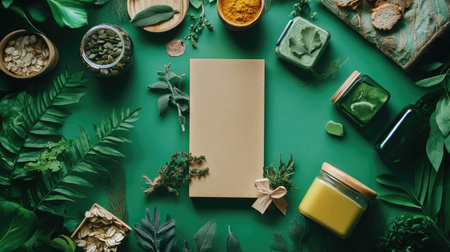 Flat lay of green products: organic food, eco-friendly packaging, and sustainable goods, with room for copy space.の素材