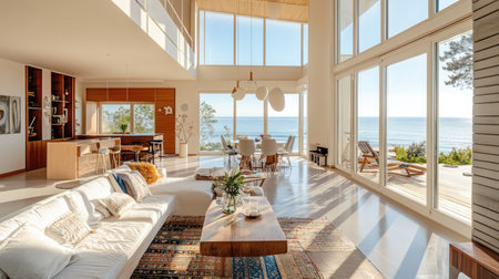 European beach house with a bright copy floor and large windows offering stunning sea views.の素材