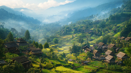 Peaceful Southeast Asian mountain village with traditional houses and terraced fields, rural charmの素材