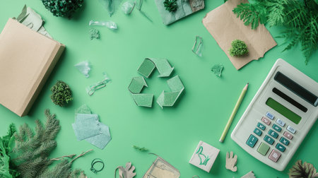 A flat lay of green business materials: recycled paper, eco-friendly packaging, and a calculator, with space for text.の素材