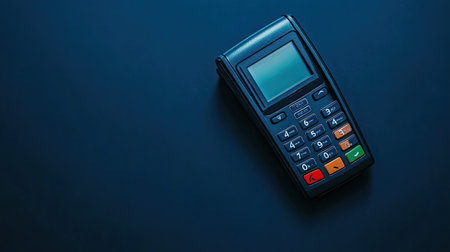 Top view of a digital payment terminal with a credit card, with room for copy space.の素材