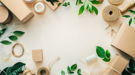 Flat lay of sustainable supply chain materials: recycled boxes, biodegradable packing, and organic products, with space for text.の素材