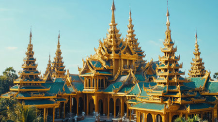 Majestic Southeast Asian temple with golden spires, set against a clear blue sky, no peopleの素材