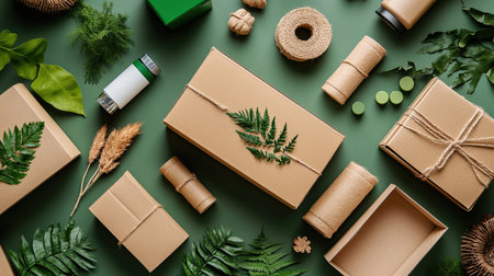 Flat lay of eco-friendly supply chain essentials: recycled boxes, natural products, and green packaging, with space for copy text.の素材
