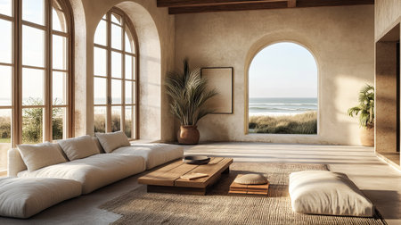 European beach house with a spacious copy floor and large windows opening to the coastal breeze.の素材