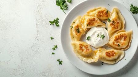 Top view of Polish pierogi dumplings with sour cream on a white plate, with space for copy text.の素材