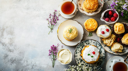 Flat lay of British afternoon tea set with scones and clotted cream, with room for copy space.の素材