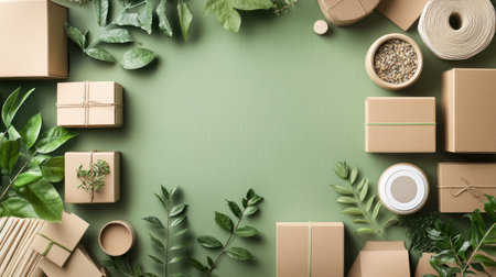 A collection of environmentally friendly supply chain items: sustainable shipping boxes and natural materials, with space for text.の素材