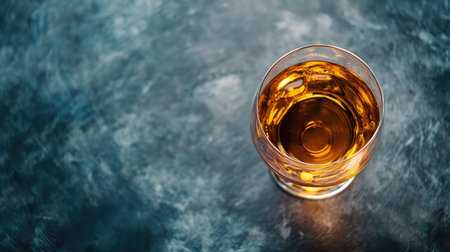 Top view of a glass of Scottish single malt whisky with a rich flavor, with ample copy space.の素材