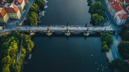 Top view of the Charles Bridge spanning the Vltava River in Prague, Czech Republic, with ample copy space.の素材