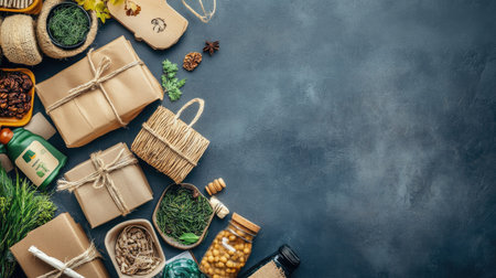 Top view of a sustainable supply chain setup, including biodegradable packing and eco-friendly products, with room for copy space.の素材