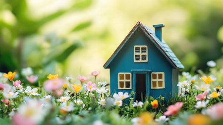 Charming garden house surrounded by blooming flowers, with ample space for copy.の素材