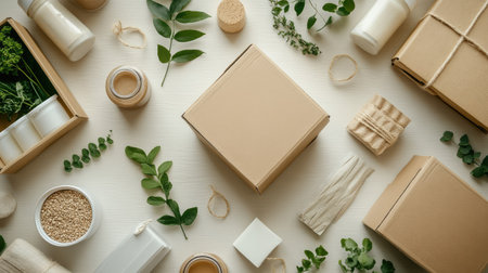 Flat lay of sustainable supply chain materials: recycled boxes, biodegradable packing, and organic products, with space for text.の素材