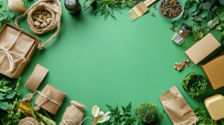 Flat lay of eco-conscious supply chain components: natural materials, green packaging, and organic goods, with space for text.の素材