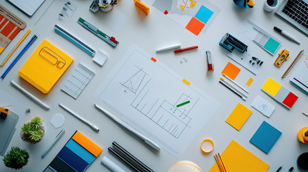 Top view of a digital innovation process with prototyping tools, with space for copy textの素材