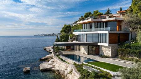 Beachfront European house with an expansive copy floor and modern design elements, overlooking the sea.の素材