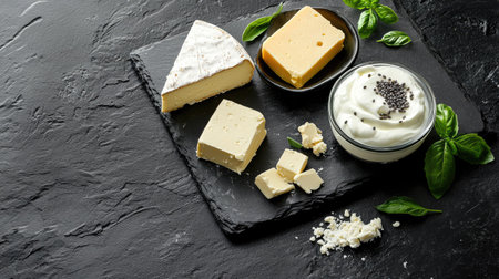 Flat lay of plant-based cheese, butter, and yogurt on a slate board, with room for copy space in the background.の素材