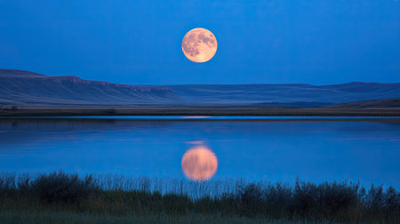 Full moon rising over a tranquil lake, with ample space for copy.の素材