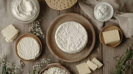 Plant-based cheese wheels, butter in a dish, and yogurt cups arranged on a rustic table, with copy space.の素材