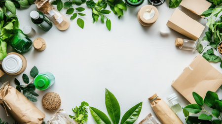 Top view of a sustainable supply chain setup, including biodegradable packing and eco-friendly products, with room for copy space.の素材