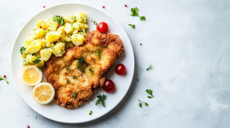 Flat lay of Austrian schnitzel with potato salad on a white plate, with room for copy space.の素材
