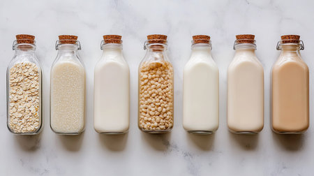 Plant-based milk varieties: almond, oat, soy, rice, corn, and coconut in glass bottles on a marble surface, top view.の素材
