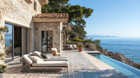 Charming stone beach house in Europe with a tiled copy floor and a patio overlooking the sea.の素材