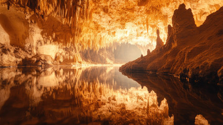 Stunning underground cavern with reflective water, with ample space for copy.の素材