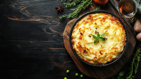 Top view of British shepherd's pie with mashed potatoes and meat, with ample copy space.の素材