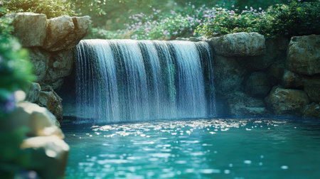 Crystal-clear waterfall plunging into a tranquil pool, abundant copy area.の素材
