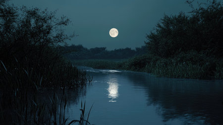 Moonlight reflecting on a still river, with plenty of space for copy.の素材
