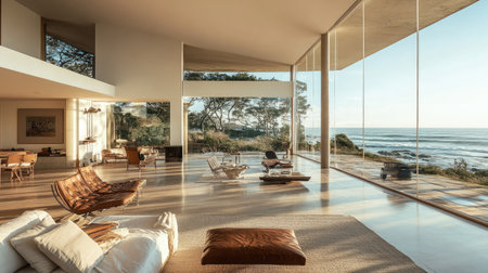 European beach house with a spacious copy floor and large windows opening to the coastal breeze.の素材